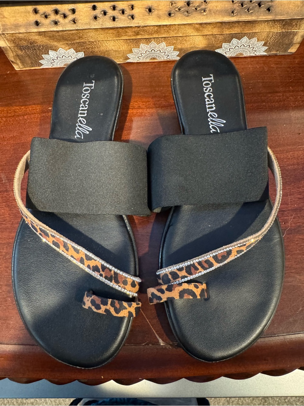 Toscanella Black Slide Sandals with Leopard Accent